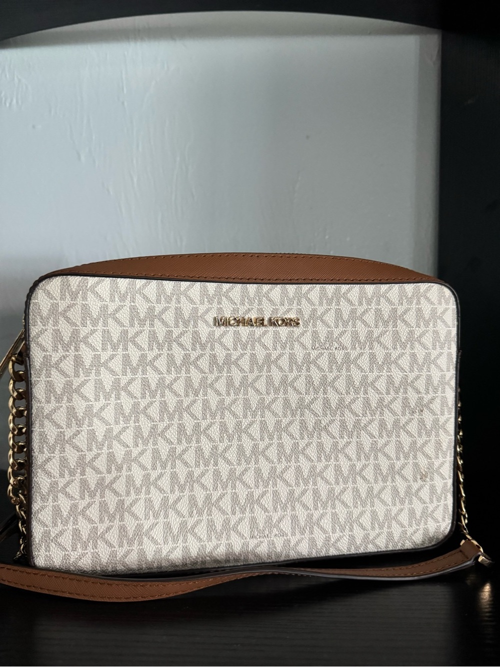 Michael Kors Beige/ Brown MK Logo Camera Crossbody